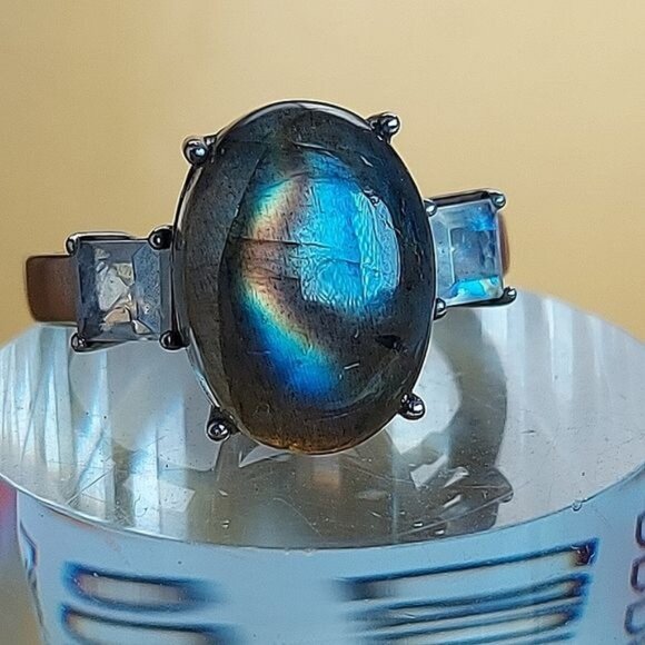 Natural Labradorite & Moonstone 925 Sterling Silver Ring Sz 7.25 - Picture 1 of 7